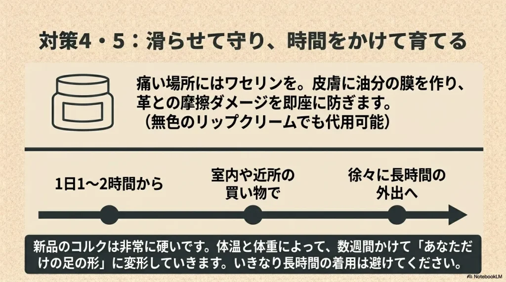痛い場所にはワセリンを塗って摩擦を防ぎ、室内や近所の買い物など1日1〜2時間から徐々に長時間の外出へと足を慣らしていく
