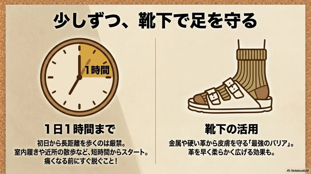 1日1時間までの短時間から慣らし、靴下を活用して硬い革の摩擦から皮膚を守る方法