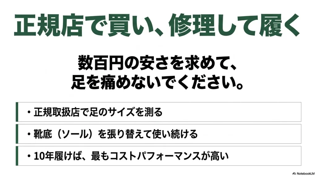 正規店でサイズを測って購入し、靴底を張り替えて10年履き続けることが最もコストパフォーマンスが高いことを伝えるスライド