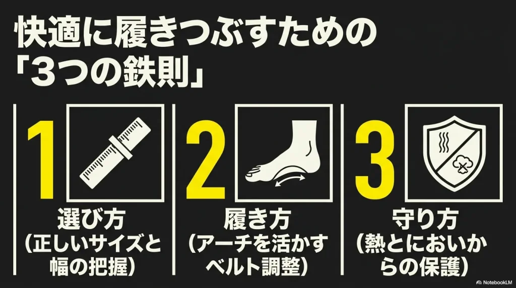 アリゾナEVAを快適に履きつぶすための3つの鉄則（選び方・履き方・守り方）を示す定規アイコン