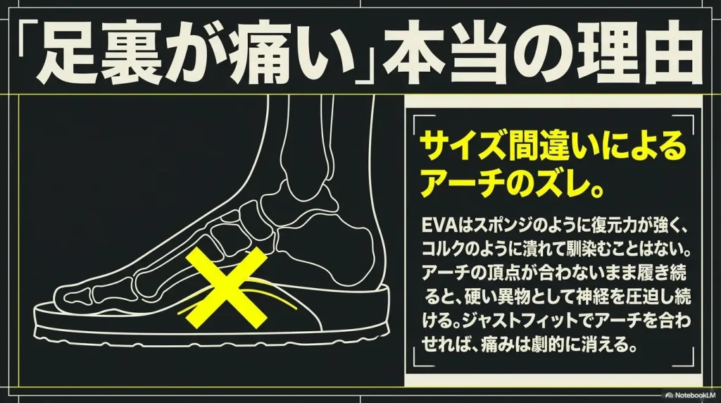 サイズ間違いによるアーチのズレが足裏の痛みの原因であることを示す足の骨格とサンダルの断面図