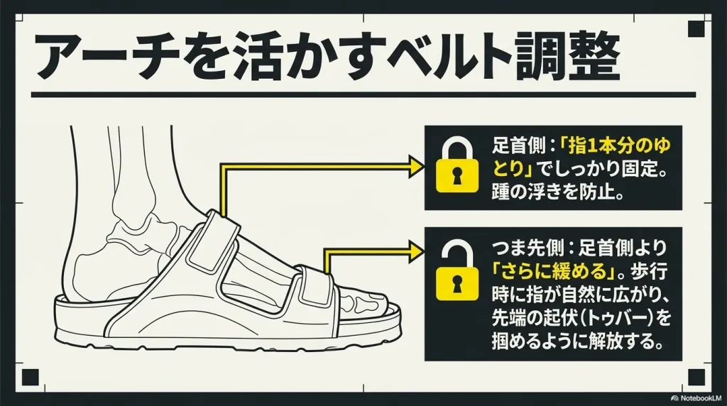 アーチを活かすため、足首側のベルトは指1本分のゆとりを持たせ、つま先側はさらに緩めるという正しい調整方法