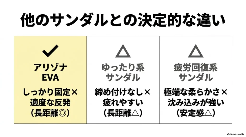 アリゾナEVAとゆったり系・疲労回復系サンダルのホールド感や反発力の比較表