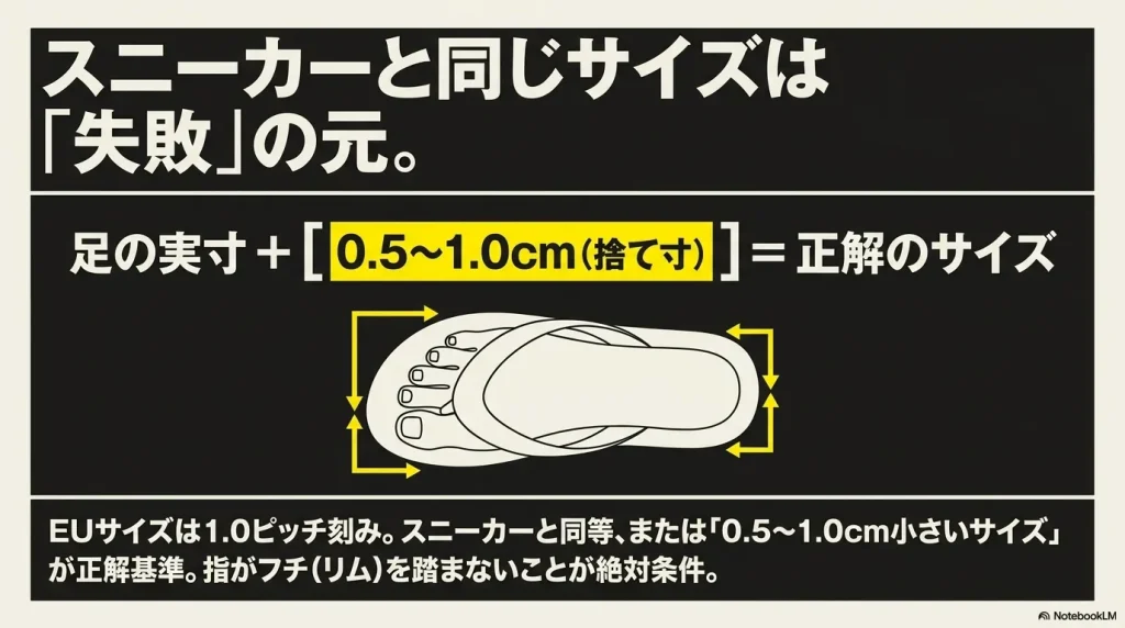 アリゾナEVAはスニーカーと同じサイズではなく、足の実寸に0.5cmから1.0cmの捨て寸を足したものが正解サイズであることを示す図解