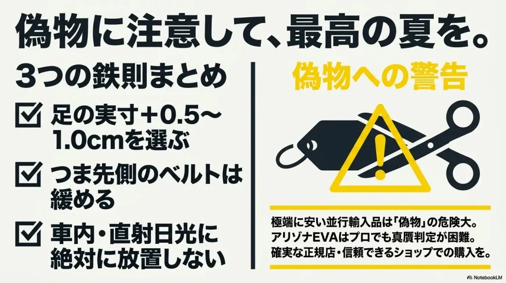 偽物に注意喚起するハサミとタグのアイコンと、アリゾナEVAを履きこなすための3つの鉄則まとめ