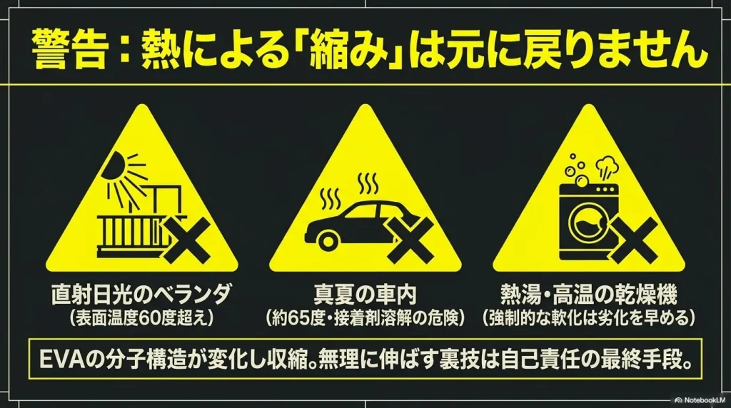直射日光のベランダ、真夏の車内、高温の乾燥機など、熱による縮みリスクを警告するアイコン