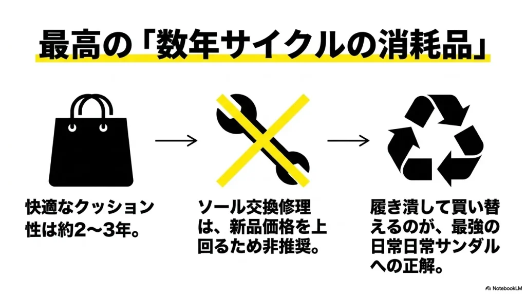 アリゾナEVAは最高の数年サイクルの消耗品であり履き潰して買い替えるのが正解という解説