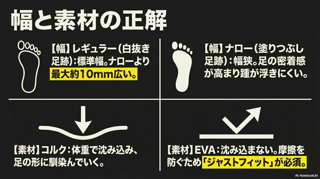 レギュラー幅（白抜き足跡）とナロー幅（塗りつぶし足跡）のアイコンと、EVA素材の沈み込まない特徴の解説