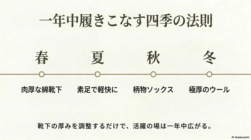春夏秋冬の季節に合わせた靴下の厚み調整とアリゾナの履きこなし法則