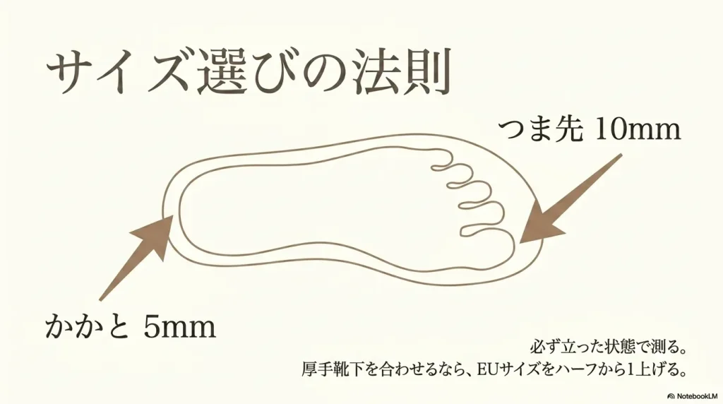 靴下を合わせる際のアリゾナのサイズ選びの法則（つま先10mm、かかと5mmのゆとり）