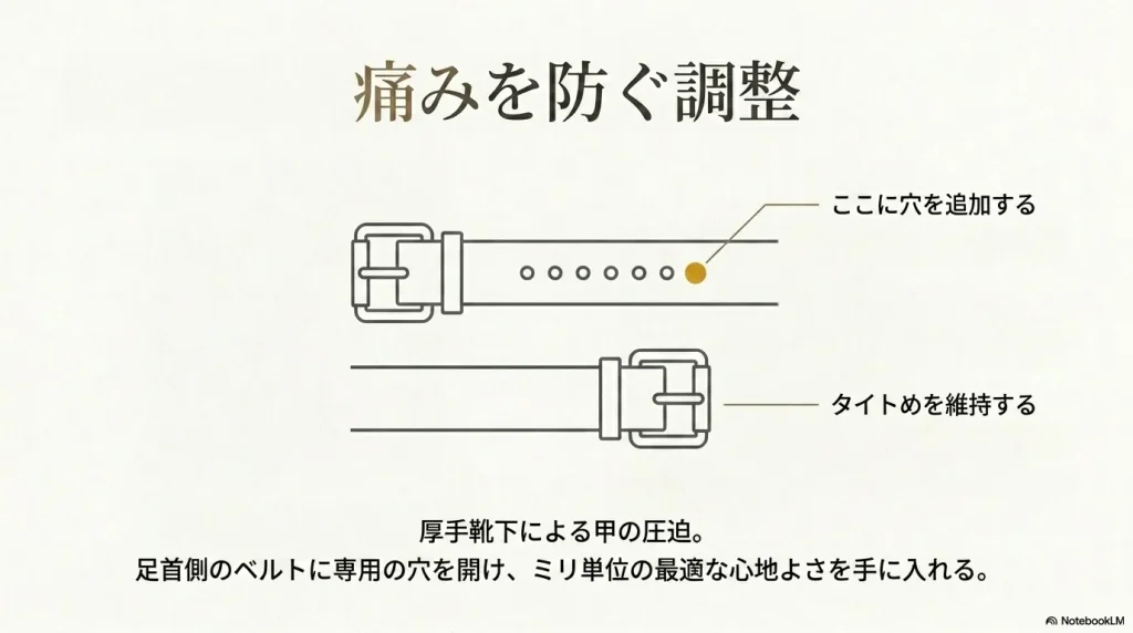 厚手靴下による甲の圧迫を防ぐため、足首側のベルトに専用の穴を追加する調整方法