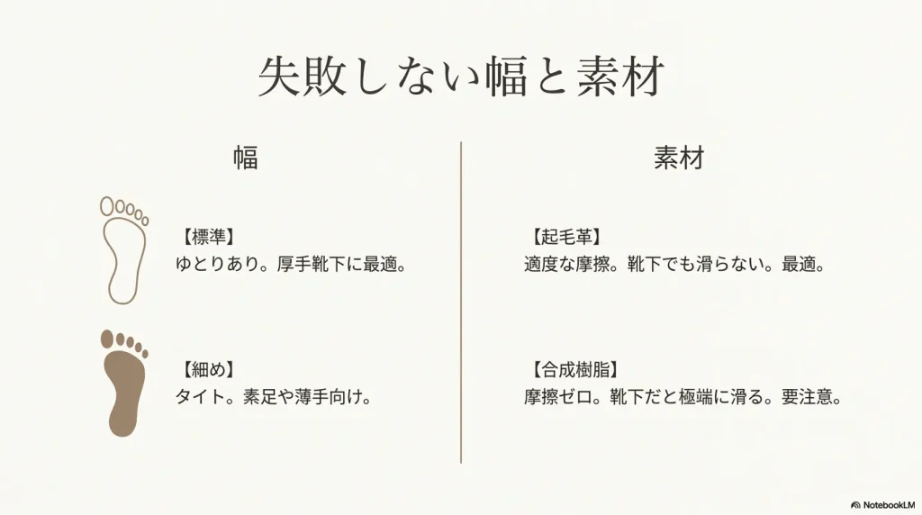 アリゾナの幅（標準・細め）と素材（起毛革・合成樹脂）による靴下との相性比較