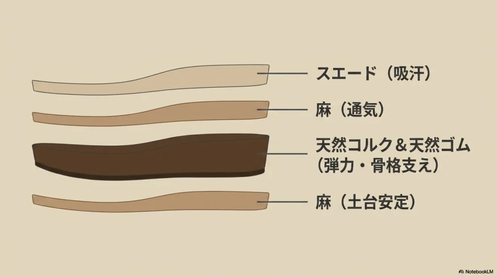 吸汗するスエード、通気する麻、弾力・骨格支えとなる天然コルクと天然ゴム、土台安定のための麻からなるフットベッドの4層構造の断面図