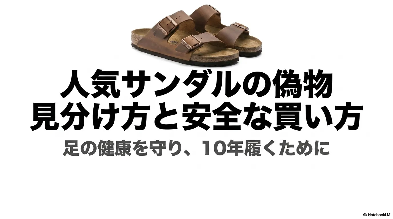 人気サンダル「ビルケンシュトック アリゾナ」の偽物の見分け方と安全な買い方、10年履くためのポイントをまとめたスライド表紙