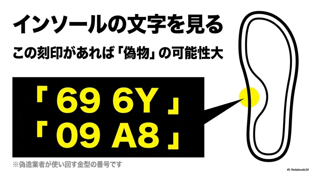 インソールの刻印に「69 6Y」や「09 A8」がある場合は偽造業者が使い回す金型番号であり、偽物の可能性が高いことを示すスライド