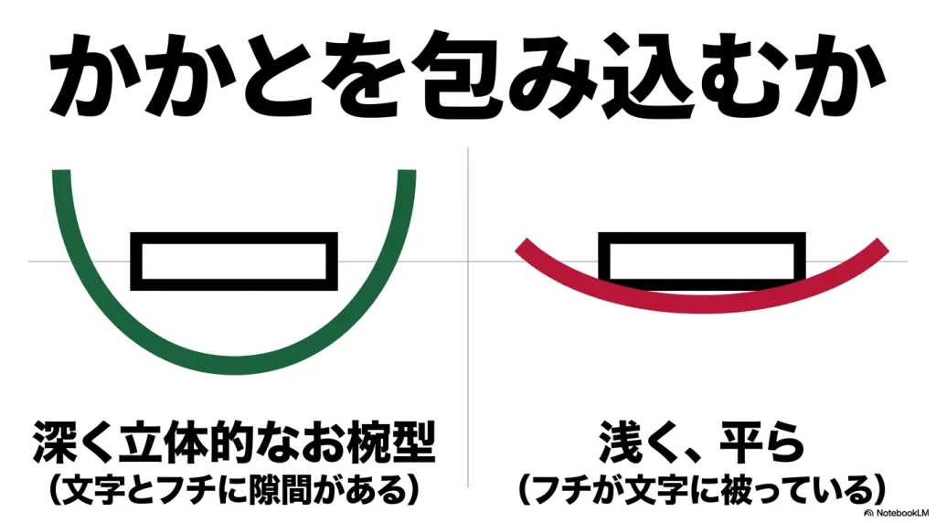 本物はかかとを包み込む深く立体的なお椀型で文字とフチに隙間があるが、偽物は浅く平らでフチが文字に被っていることを示す比較画像