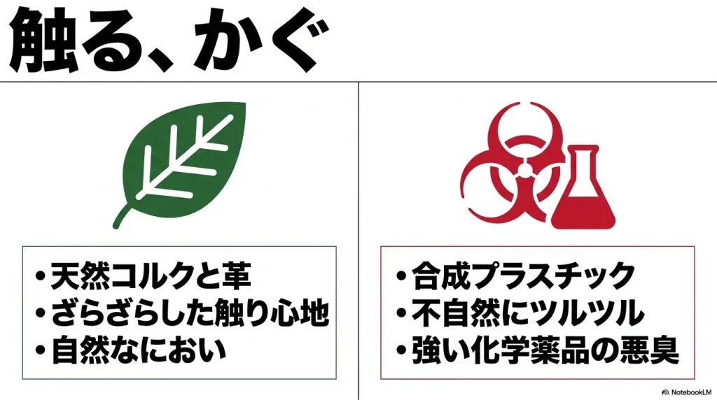 本物の天然コルクと革はざらざらした触り心地で自然な匂いがするのに対し、偽物の合成プラスチックは不自然にツルツルで強い化学薬品の悪臭がすることを示す図  