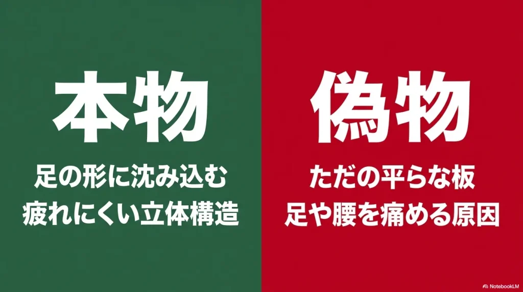 ビルケンシュトックの本物は足の形に沈み込む疲れにくい立体構造であるのに対し、偽物はただの平らな板で足や腰を痛める原因になることを比較した図