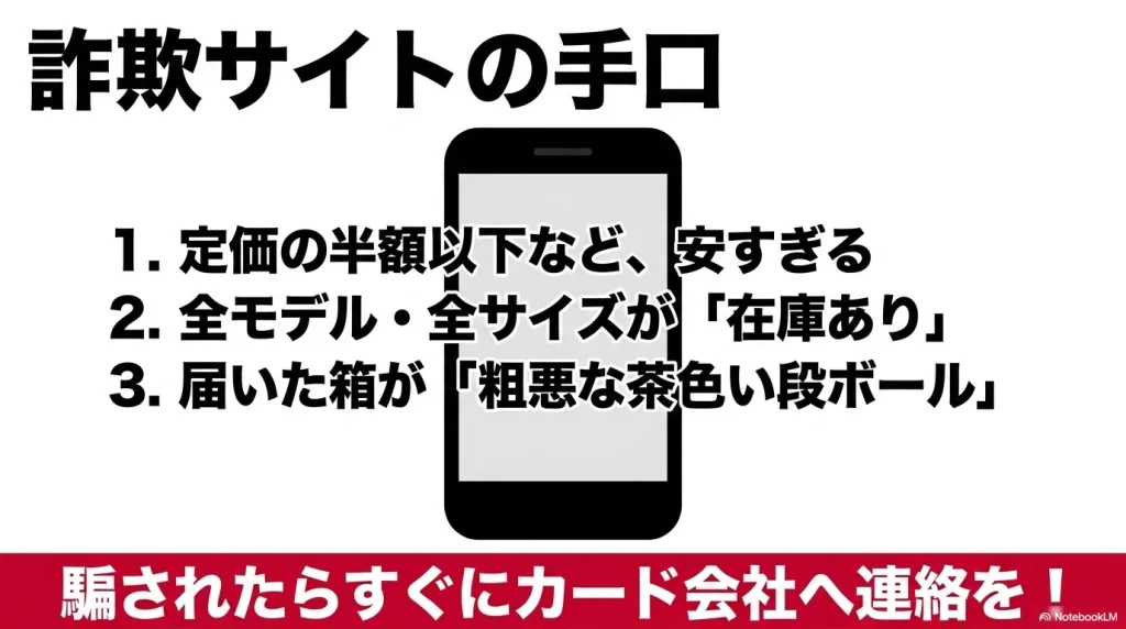 定価の半額以下など安すぎる、全モデル・全サイズが在庫あり、粗悪な茶色い段ボールで届くといった詐欺サイトの手口をまとめた図  