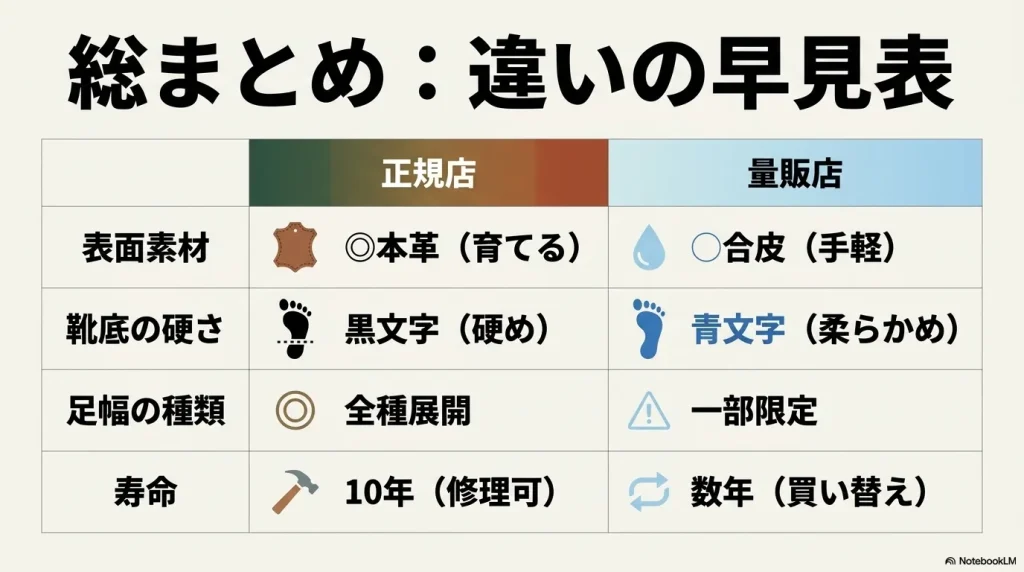 ビルケンシュトック正規店と量販店の素材や寿命の違いが一目でわかる総まとめ早見表