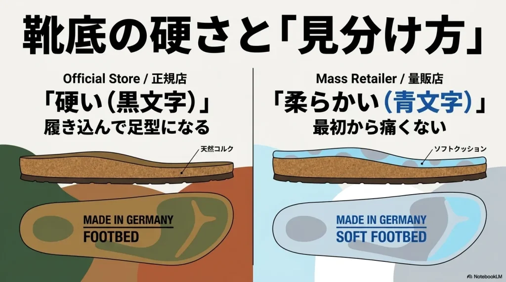 ビルケンシュトックの靴底の硬さの違いとロゴの文字色による見分け方