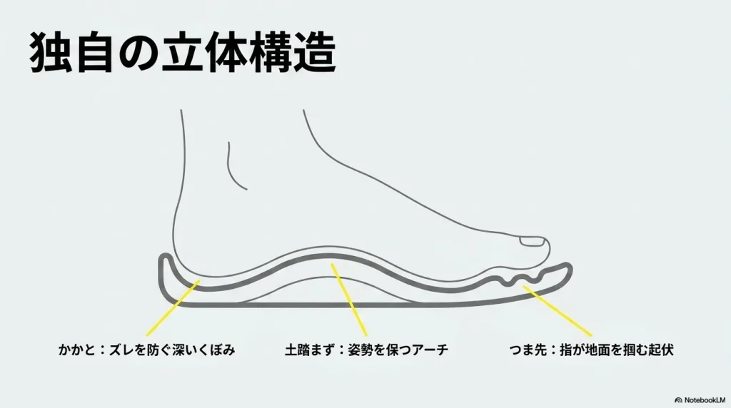 かかとのくぼみや土踏まずのアーチなど、ビルケンシュトック独自のフットベッド立体構造の解説図