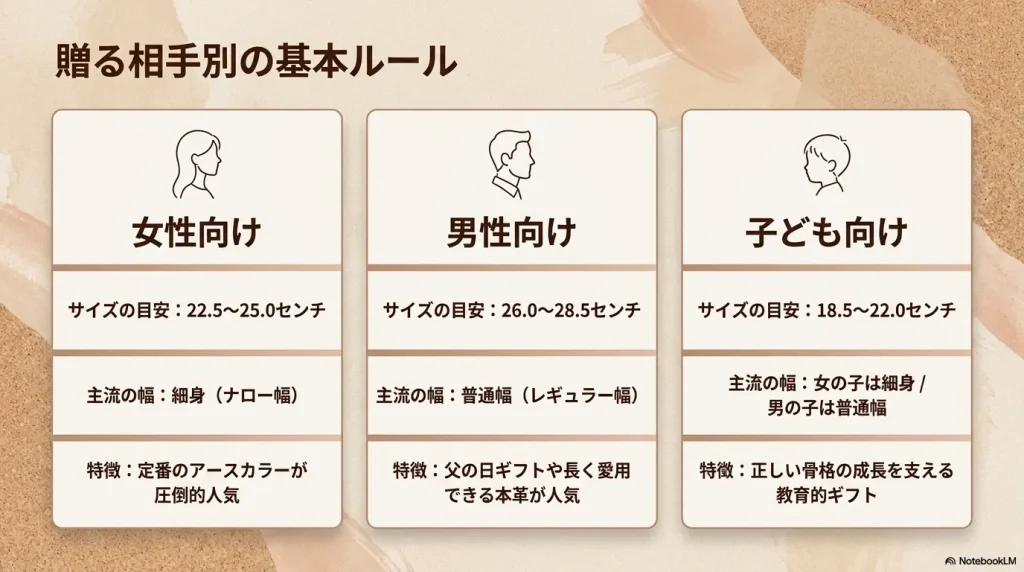 女性向けは22.5〜25.0センチで細身、男性向けは26.0〜28.5センチで普通幅、子ども向けは18.5〜22.0センチなど相手別の基本ルール