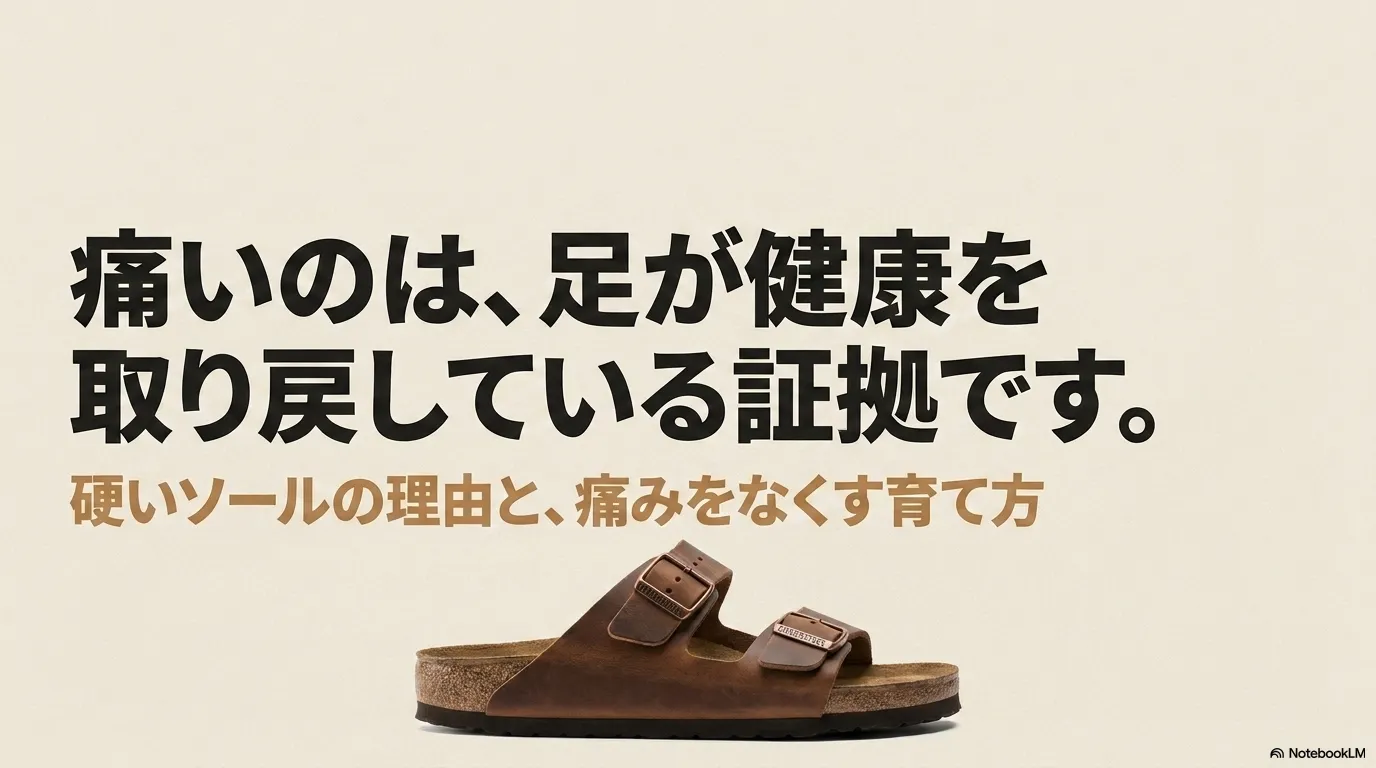痛いのは足が健康を取り戻している証拠であり、硬いソールの理由と痛みをなくす育て方を解説するスライド資料の表紙