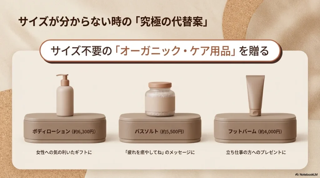 サイズが分からない時の代替案。ボディローション、バスソルト、フットバームなどのサイズ不要なオーガニックケア用品