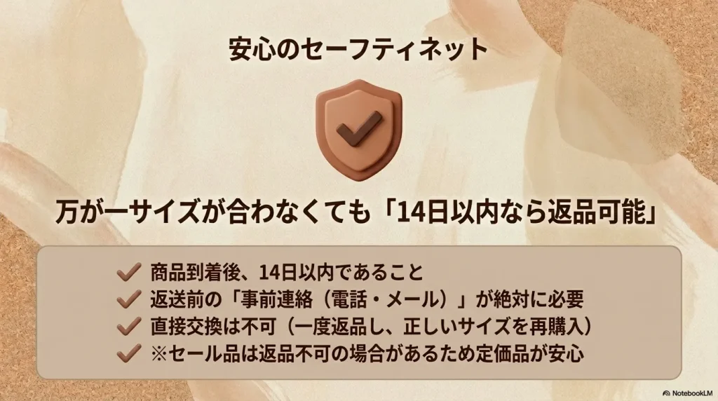 サイズが合わなくても商品到着後14日以内なら返品可能。直接交換は不可で返送前の事前連絡が絶対に必要