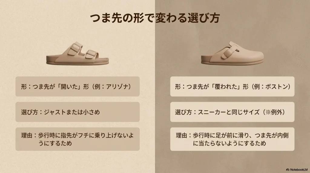 つま先が開いた形はジャストまたは小さめ、つま先が覆われた形は例外としてスニーカーと同じサイズを選ぶ
