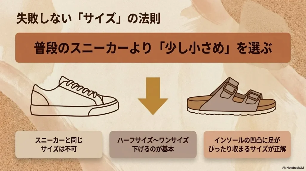 普段のスニーカーよりハーフサイズからワンサイズ下げるのが基本。インソールの凹凸に足がぴったり収まるサイズを選ぶ