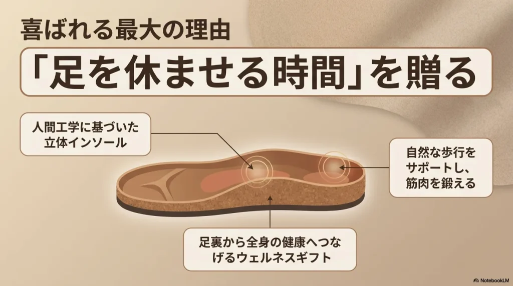 足を休ませる時間を贈る。人間工学に基づいた立体インソールで自然な歩行をサポートし筋肉を鍛える