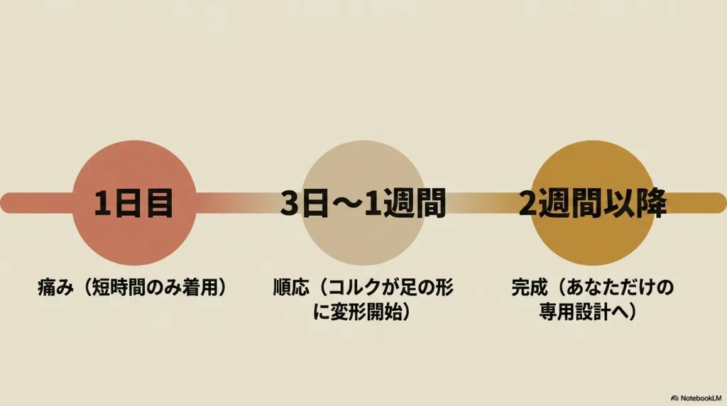 1日目の痛み（短時間のみ着用）から、3日〜1週間でコルクが足の形に変形開始して順応し、2週間以降であなただけの専用設計に完成する過程
