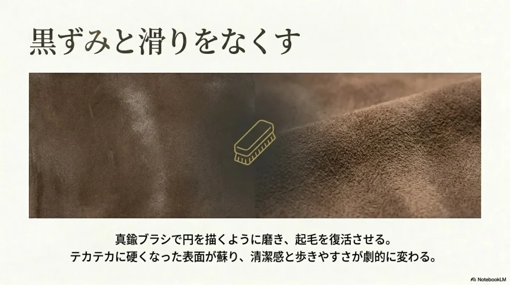 真鍮ブラシでフットベッドを円を描くように磨き、黒ずみと滑りをなくして起毛を復活させるお手入れ