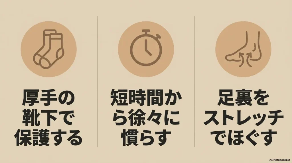 足裏をストレッチでほぐす、厚手の靴下で保護する、短時間から徐々に慣らすという3つの対策ポイント