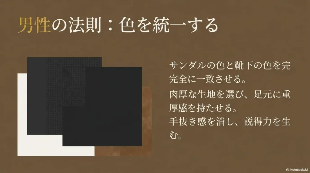 男性の法則：サンダルと靴下の色を完全に一致させ、肉厚な生地で重厚感を持たせる
