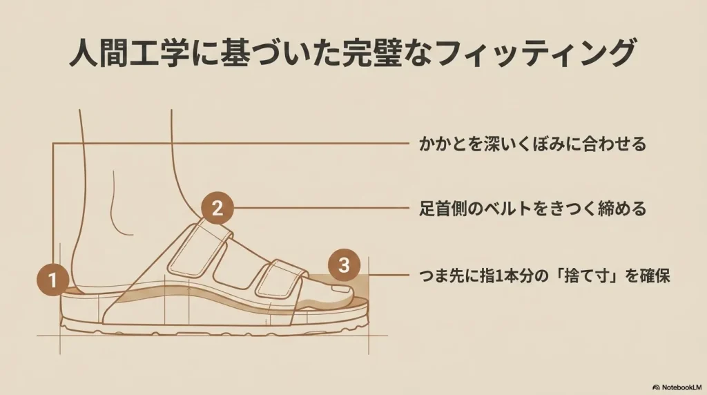 人間工学に基づいた完璧なフィッティング手順として、かかとを深いくぼみに合わせる、足首側のベルトをきつく締める、つま先に指1本分の「捨て寸」を確保するステップを図解