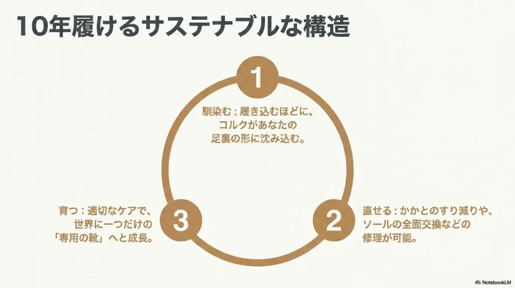 10年履けるサステナブルな構造。コルクが馴染む、修理して直せる、専用の靴に育つという3つのサイクルの図解