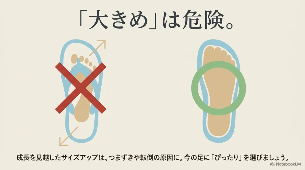 成長を見越した大きめサイズのサンダルはつまずきや転倒の原因になるため今の足にぴったりなものを選ぶ