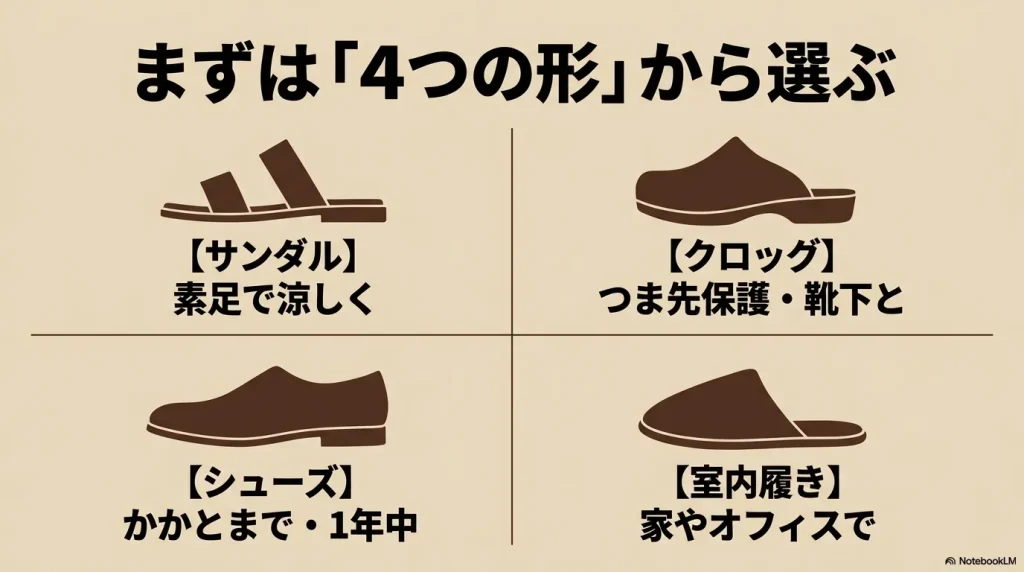 ビルケンシュトックの4つの基本形（サンダル、クロッグ、シューズ、室内履き）