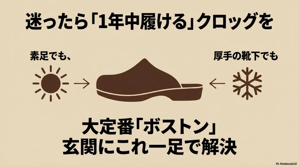 1年中履けるビルケンシュトックの定番クロッグ「ボストン」の着用イメージ
