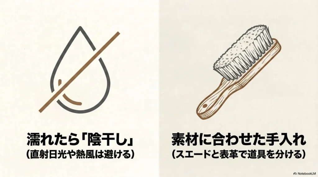 スエードと表革で道具を分け、濡れたら直射日光や熱風を避けて陰干しする手入れ方法のイラスト