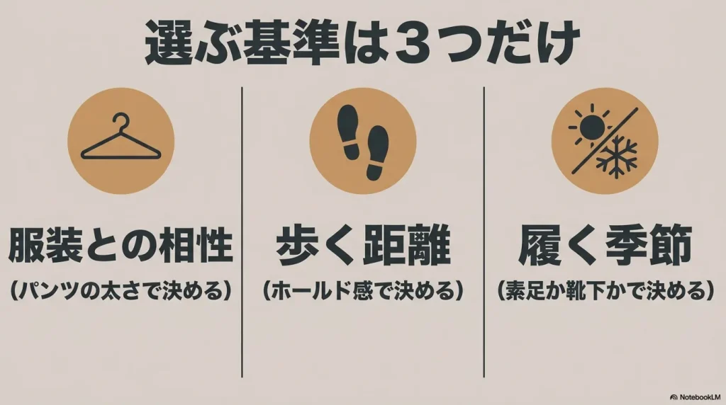 ビルケンシュトックを選ぶ3つの基準（服装との相性・歩く距離・履く季節）