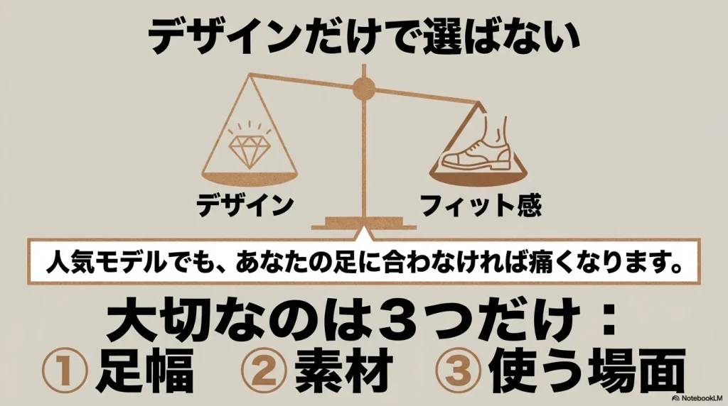 サンダル選びにおいて、デザイン性だけでなく足幅や素材、使う場面などのフィット感を重視することを示す天秤の図解