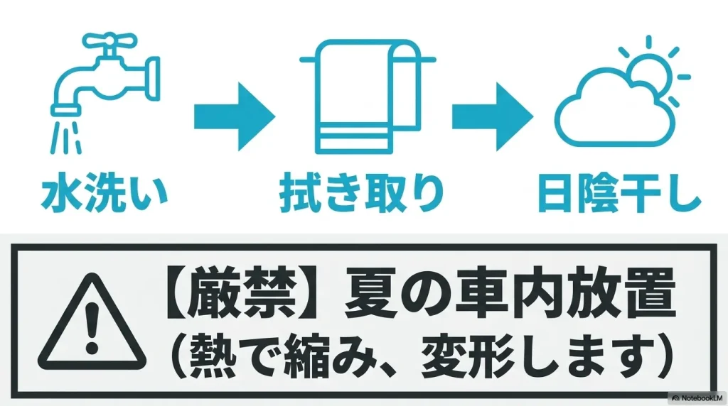 ビルケンシュトックEVAの手入れ方法。水洗いして日陰干し。熱で縮むため夏の車内放置は厳禁。