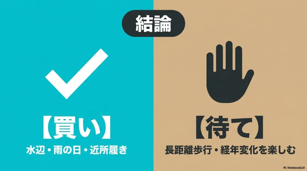 ビルケンシュトックEVAの結論。水辺や雨の日の近所履きは買い、長距離歩行や経年変化を楽しむなら待て。