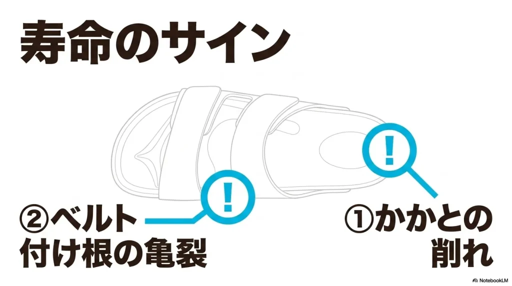 ビルケンシュトックEVAの寿命のサイン。かかとの削れやベルト付け根の亀裂に注意。