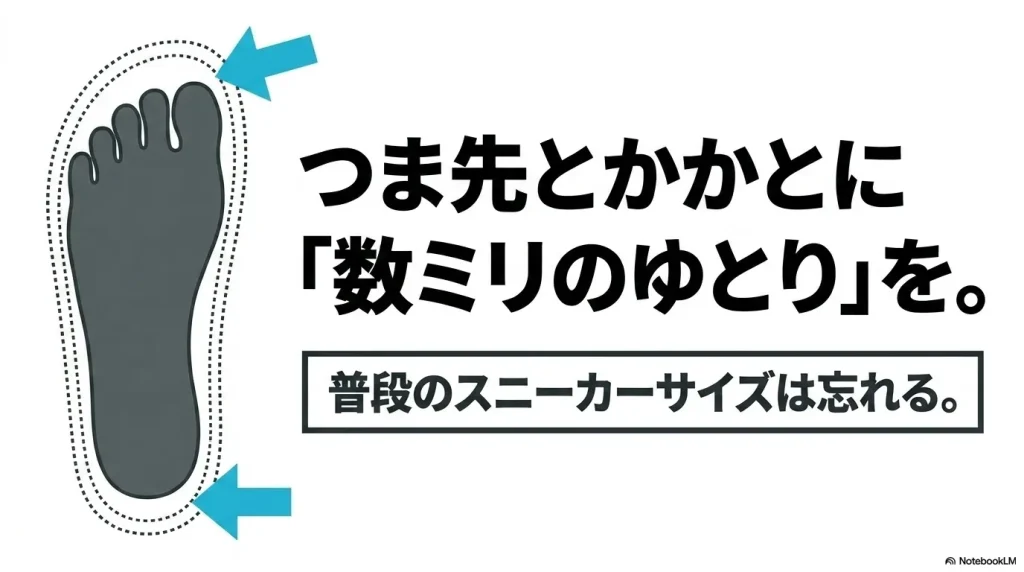 ビルケンシュトックEVAのサイズの選び方。つま先とかかとに数ミリのゆとりを持たせ、普段のスニーカーサイズは忘れる。