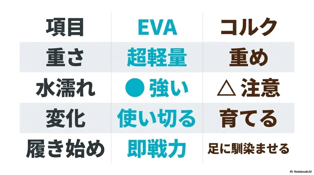 ビルケンシュトックEVAとコルクモデルの比較。重さ、水濡れへの強さ、経年変化、履き始めの違い。